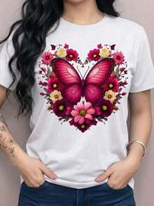 GiftCamiseta playera grafica estampada mujer dama mariposa magenta corazon flores flor floral rosas margaritas primavera verano cuello redondo manga corta uso diario dia noche casual corte holgadoSoft - Blanco - Ver 6