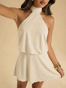 Vestido casual de verano para mujer de unicolor con hombros descubiertos - Albaricoque 2 - Ver 4