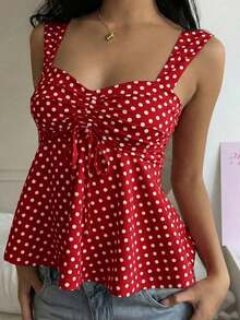 2026 Spring/Summer New Women's Apparel: Buttercup Yellow & Brown Polka Dot Cute Casual Versatile Ruffle Drawstring Blouse/Tank Top,Summer Top - 紅色 - 查看 2