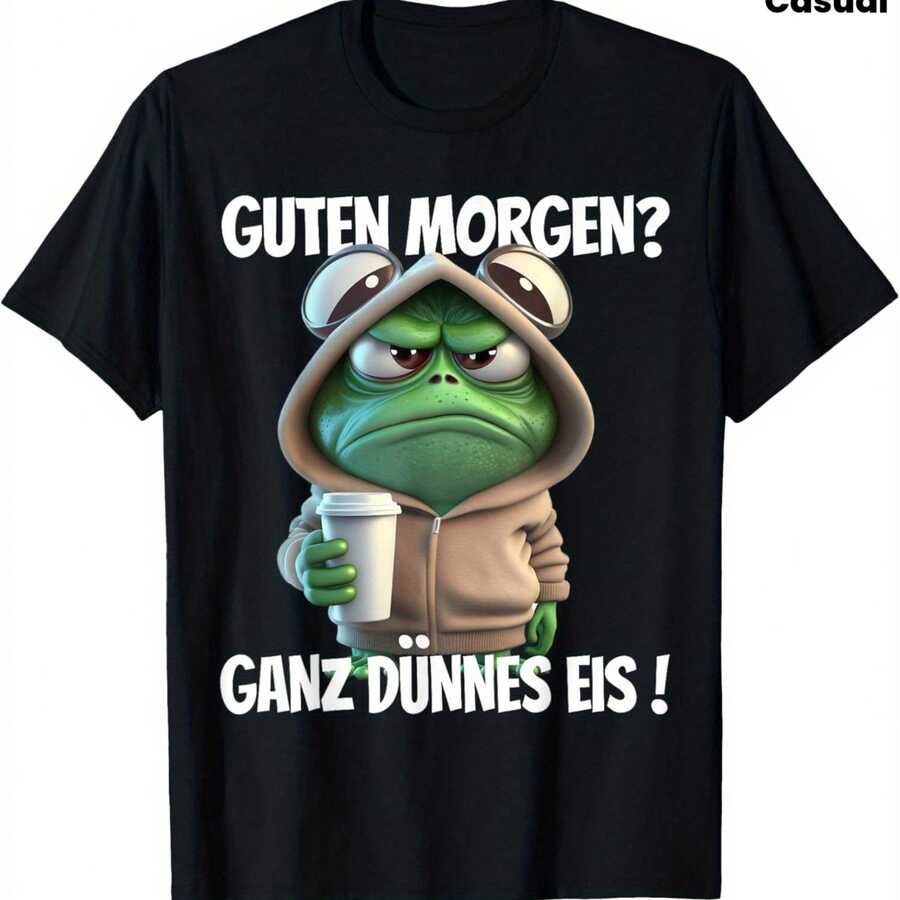 Funny T-Shirt With German Phrase "Good Morning? Ice Is Thin!" Green Frog Design And German Text - Casual Crew Neck For Men And Women, Humorous Gift Idea, Comfortable To Wear All Year Round - 黑色 - 查看 1