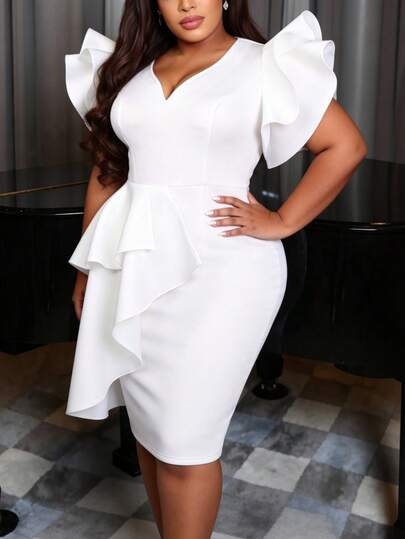 Elegant Plus Size Women's Midi Cocktail Dress V-Neck Layered Ruffle Short Sleeves Asymmetric Hem Suitable For Weddings Parties And Formal Events