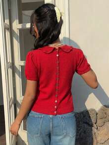 Y2K Spring/Summer New Puff Sleeve Knit Cardigan With Peter Pan Collar And Faux Shell Button Design, Suitable For Office, Casual, Spring/Summer Wardrobe, Valentine's Day Red - Red - View 3