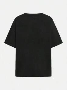 Camiseta de manga corta con cuello redondo y estampado gráfico para mujer, estilo casual minimalista, de corte holgado, de algodón, para verano, unisex, para la vuelta al cole. - Negro 2 - Ver 3