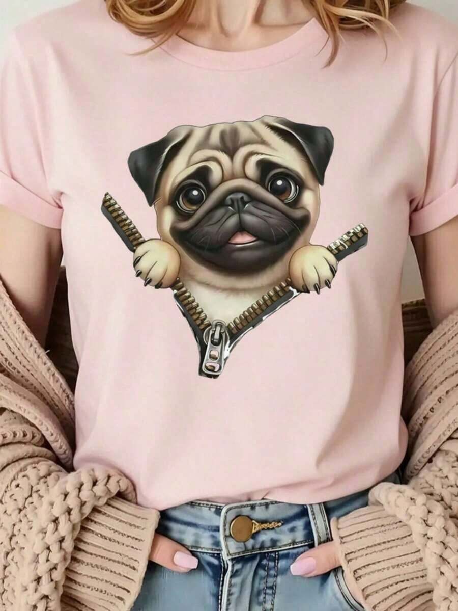 Women's Graphic T-Shirt, Short Sleeve, Round Neck, Casual, Comfortable, Cool, Lightweight, Modern, Youthful, Regular Fit, Pug Dog Print, Puppy, Dog Lover, Smiling Face - 羅莎 - 查看 1