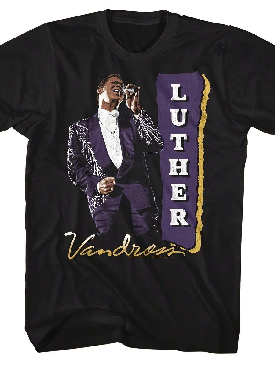 Camiseta negra con estampado del traje morado de Luther Vandross, 230G, con transferencia de calor, perfecta para ropa casual de calle, corte clásico esencial. - Negro - Ver 1