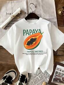 Linglong Women's Casual Round Neck Papaya Pattern T-Shirt, Comfortable And Fashionable, Ideal For Spring And Summer. - White - View 6