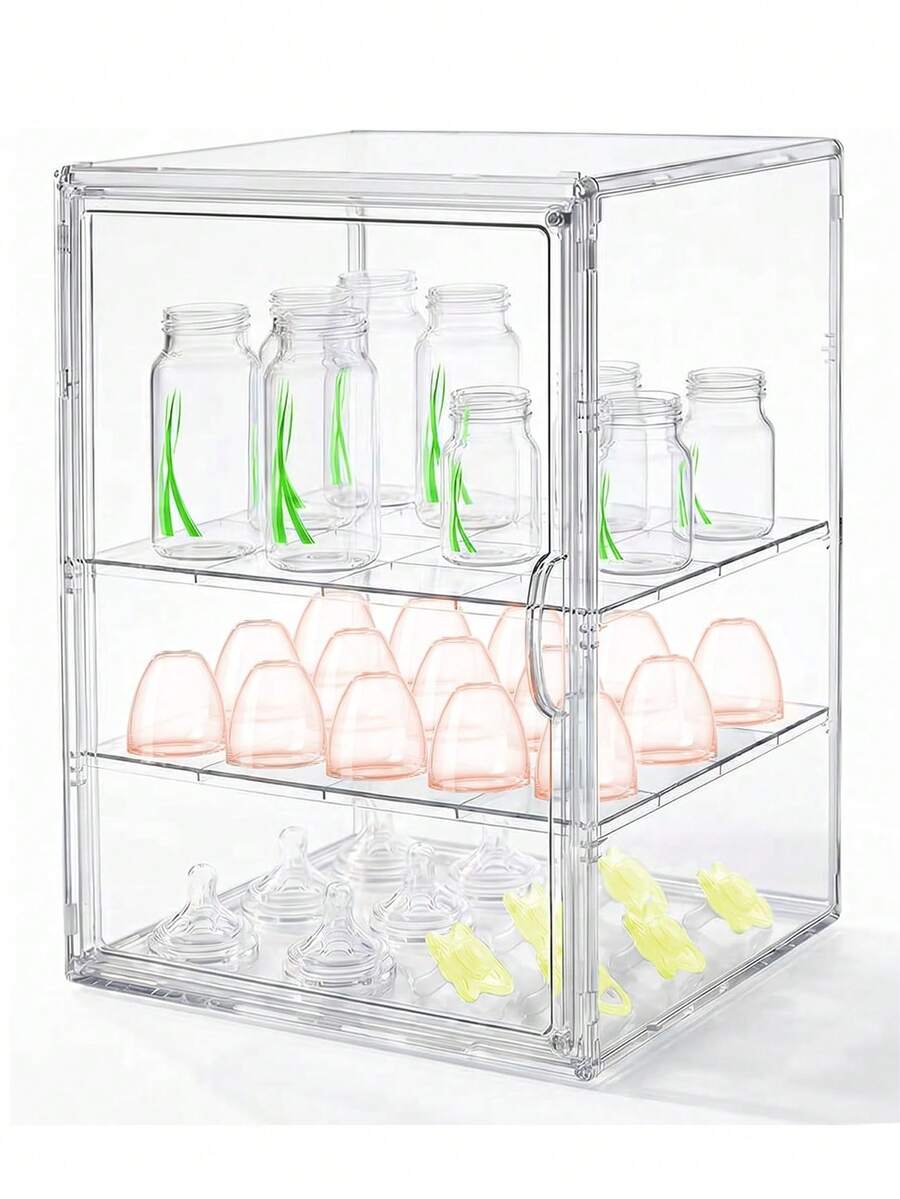 1pc 3/2 Tier Adjustable Transparent Acrylic Cup Storage Box, Dust-Proof Baby Essentials Organizer - Multicolor - View 1