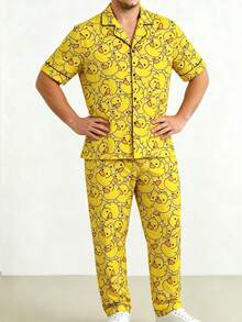 Plus Size Men's Lightweight Allover Print Duck Short Sleeve Pajama Set - Multicolor - View 3