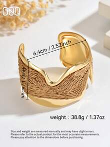 OOQ 1pc Minimalist Gold-Rimmed V-Shaped Woven Raffia Bracelet, Fashion Personalized Design Elegant Open Adjustable Size Bangle, Suitable For Holidays, Parties, Beach, Music Festivals, Galas (Handmade Raffia Weaving, Random Direction And Shape) - Khaki - View 2