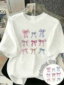 Camiseta suave 100% algodón, informal para mujer, de cuello redondo y manga corta, con un encantador estampado de lazo, corte regular, transpirable, combina con todo, fresca y moderna. - Blanco - Ver 8