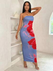 Vestido maxi floral estampado sin tirantes de moda para mujer - Multicolor 2 - Ver 7