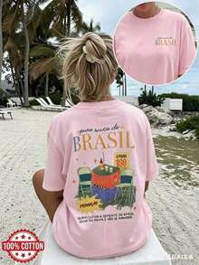 [Impresión a Doble Cara] Ropa de Verano para Mujer, Camiseta Casual para Mujer, Estilo Vintage, Estampado con la Frase "Puro Suco Do BRASIL", Manga Corta, Cuello Redondo, Algodón Puro, Talla Grande, Camiseta de Hombros Caídos [LangK] - Rosa - Ver 3