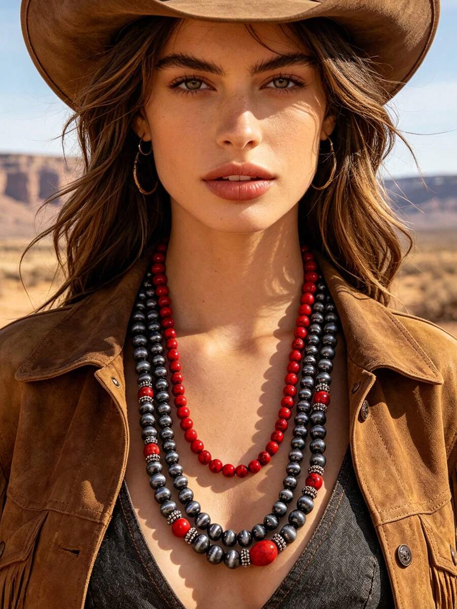 1 pieza Collar de múltiples capas con cuentas exageradas, estilo país occidental, textura de estaño y perlas falsas, cadena para suéter para mujeres - collar - Ver 1