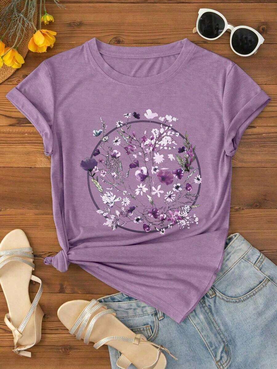 Envío gratis, entrega local enéxico, entrega en 4 días.Camiseta de manga corta con estampado floral informal para mujer , verano. - Lila Púrpura - Ver 1