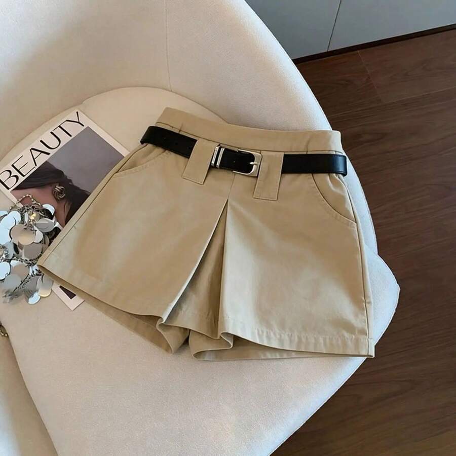 Minifalda americana retro caqui de cintura alta y corte A para mujer, diseño de verano, versátil, estilo workwear, falda pant... - Caqui - Ver 1
