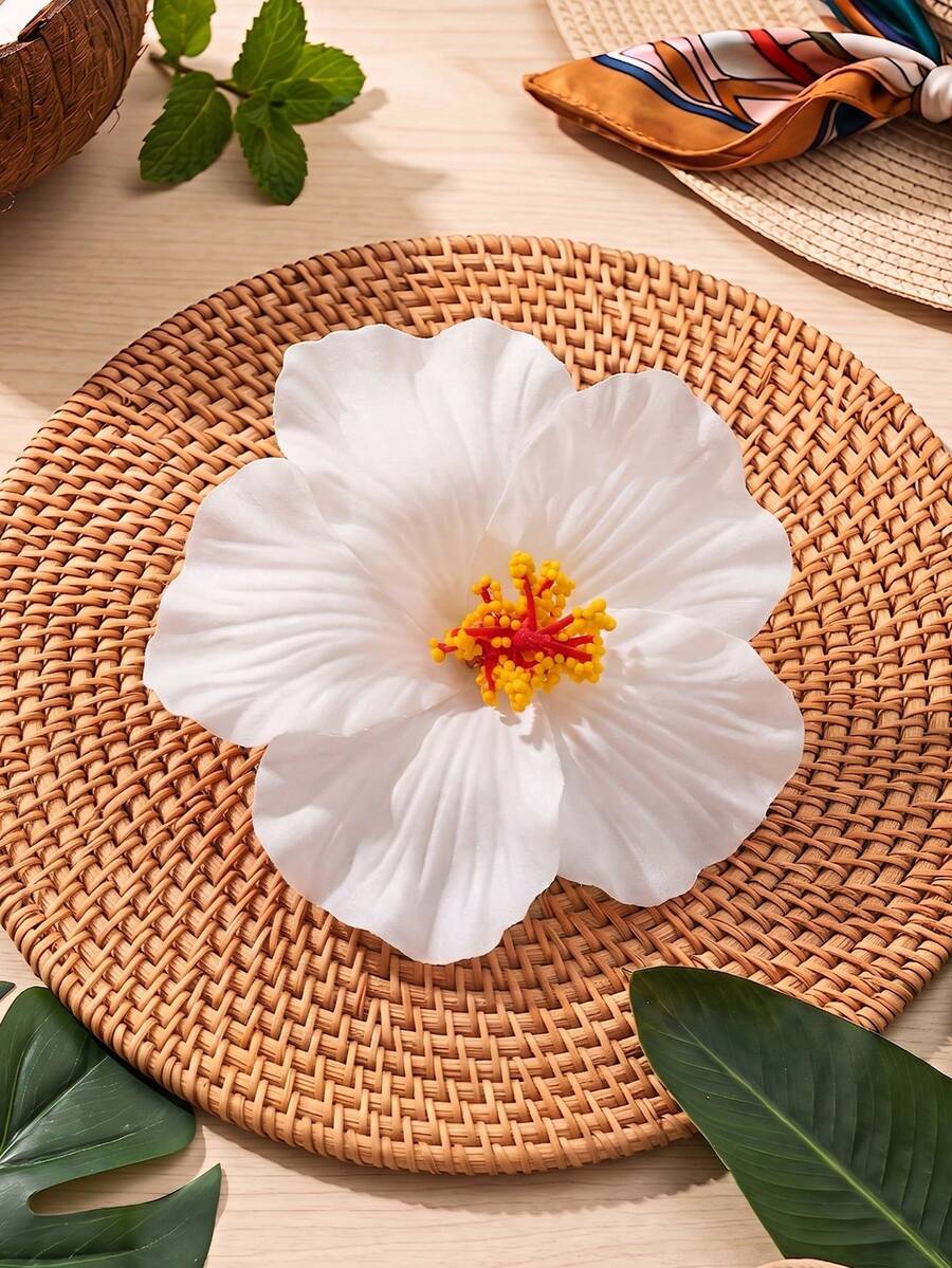 1个白色芙蓉花发夹，人造热带花卉发饰，适合女性和女孩，波西米亚海滩婚礼新娘发饰（白色） - 白色 - 查看 1