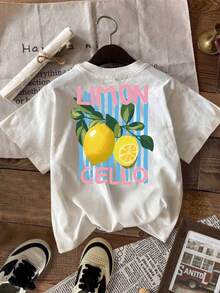 Lemon Color Back Print Short Sleeve T-Shirt, LIMON CELLO Pattern Decorative Element, Fashion Casual T-Shirt For Women, Casual Short Sleeve Round Neck Top Suitable For Summer And Spring. - White - View 6