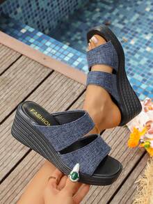 Sandalias de plataforma con suela gruesa, versátiles y de moda para uso diario - Azul - Ver 6