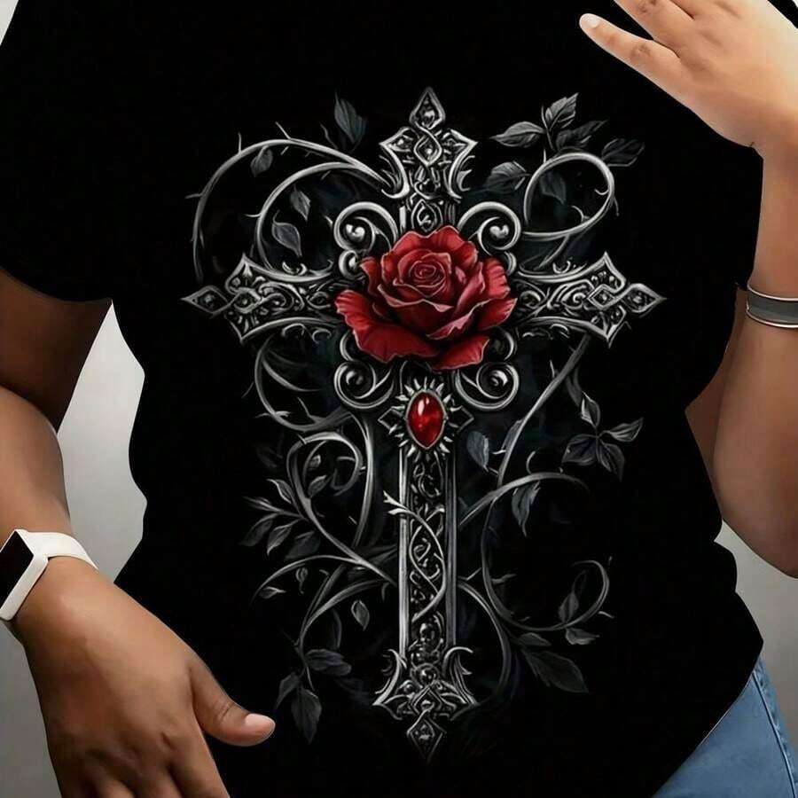 Camiseta de manga corta para mujer con estampado digital, estilo artístico, diseño "Cruz de Rosas Oscuras", chaqueta gótica retro, camiseta casual de cuello redondo para mujer, la imagen muestra la representación de la cruz con rosas rojas. Día de la Tierra, Resistente a la decoloración, Absorbe la humedad, Actividades al aire libre, Estilo casual urbano - Negro - Ver 1
