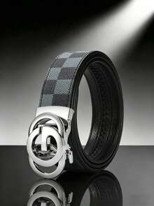 Men's Luxury Ratchet Automatic Buckle PU Leather Belt, Fashion Checkered Pattern Double Circle G‑Letter Buckle Business Casual Formal Dress Belt. Adjustable Scratch‑Resistant Alloy Buckle Waist Strap, Ideal For Work Daily Wear Party Anniversary Gift, Designer Men's Belt Fits All Formal & Casual Outfits - Multicolor - View 12