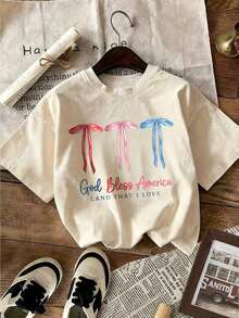1 Pack Of Printed Short Sleeve Crew Neck T-Shirts For Girls, Casual Summer Clothes For Students And Young People - Unisex Urban Vintage Style, Loose Fit Cotton Crew Neck Short Sleeve T-Shirt - 杏子 4 - 查看 7