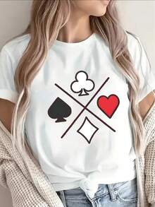 Camiseta suave 100% algodón. Camiseta de manga corta, ligera y duradera, con un diseño que presenta símbolos de trajes de póker, perfecta para salidas informales en casa o en un restaurante, ofreciendo un ajuste cómodo para el uso diario. Camiseta de algodón transpirable, combina con todo. - Blanco - Ver 8