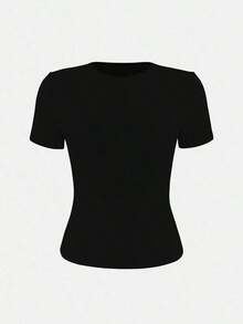 de manga corta y cuello redondo, blanca y sólida, ajustada y deportiva, para mujer, verano, modelo 2025 - Negro - Ver 4
