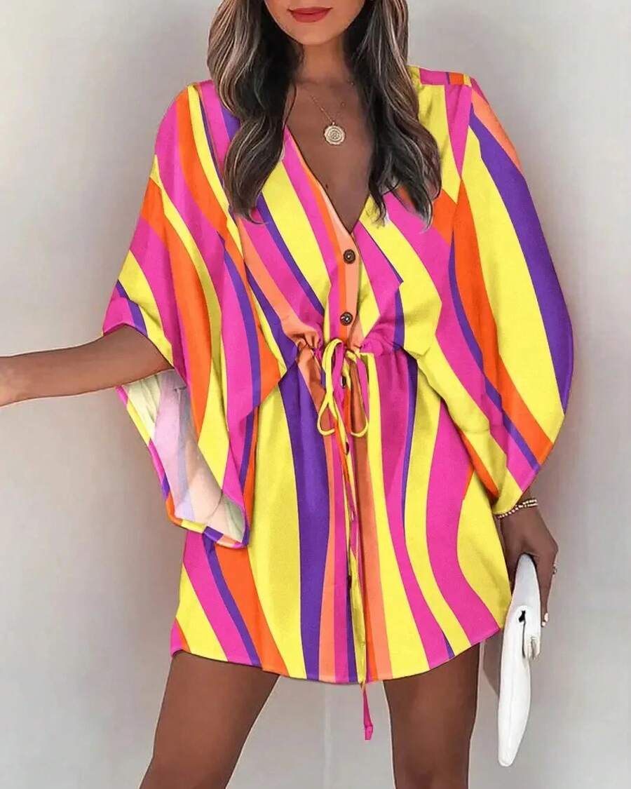 Vestido estampado para mujer, Sexy, con cuello en V, manga murciélago, volantes, estampado de flores, vestido veraniego bohemio para playa, Mini vestidos sueltos para vacaciones de verano - Amarillo Brillante - Ver 1