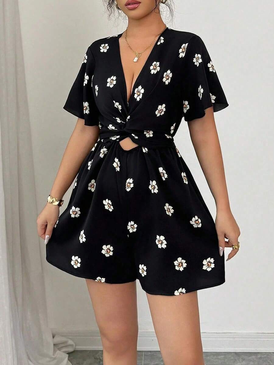 Mameluco con estampado floral para mujer, mameluco casual de manga corta para verano, ropa de mujer de moda para uso diario - T773857 - Ver 1
