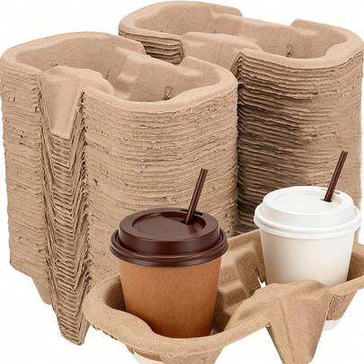 50 piezas/Paquete Bandeja portavasos de papel desechable, Portavasos de fibra de doble capa, Adecuado para bebidas calientes y frías, Bandeja portavasos de café portátil para cafetería, restaurante, tienda de comestibles, bar de jugos, Navidad