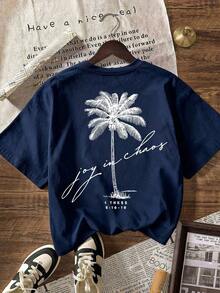 Women's Short-Sleeved T-Shirt With Round Neck And Palm Print, Summer Beachwear For Vacation. - 海軍藍 - 查看 2