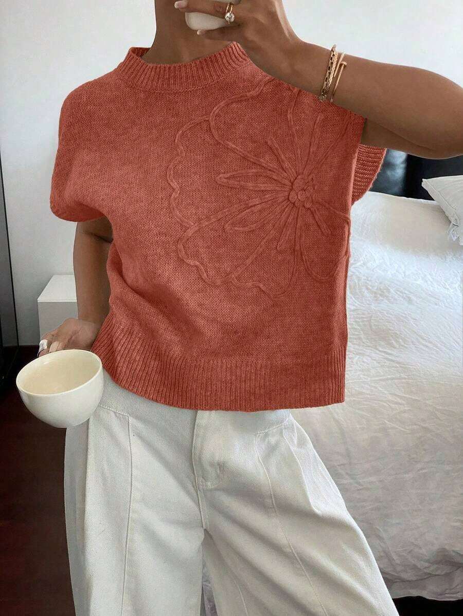 Parte superior de punto de manga corta tejida con diseño jacquard liso para mujer - Naranja Coral - Ver 1