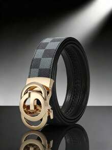 Men's Luxury Ratchet Automatic Buckle PU Leather Belt, Fashion Checkered Pattern Double Circle G‑Letter Buckle Business Casual Formal Dress Belt. Adjustable Scratch‑Resistant Alloy Buckle Waist Strap, Ideal For Work Daily Wear Party Anniversary Gift, Designer Men's Belt Fits All Formal & Casual Outfits - Multicolor - View 14