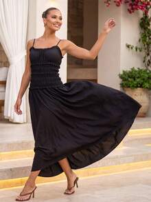 Women's Summer Smocked Ruffle A-Line Slip Dress  Soft Breathable Vacation Cocktail Beach Streetwear - Black - View 3