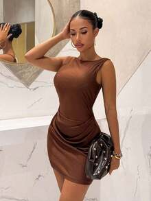 2025 Nuevo vestido mini de línea A con cuello en V sin mangas, cintura fruncida, espalda abierta, decoración de cadena de perlas, de satén elástico, color marrón, adecuado para fiesta de cumpleaños, San Valentín, Halloween, Navidad, vestido de ya - Marrón - Ver 6