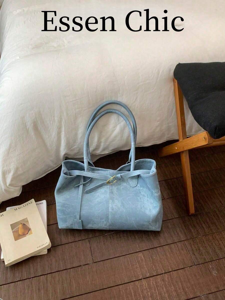 1pc Blue Strap Decor Large Capacity PU Patchwork Tote Bag, Women Shoulder Bag