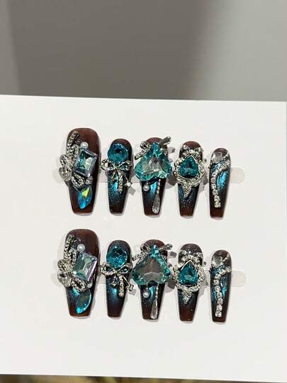10片/套 手工制作按压式棺材形尖头美甲贴，Y2K风格，棕色和蓝色猫眼凝胶美甲贴，饰有水晶、蝴蝶和爱心元素，完美适用于派对、舞会和日常佩戴，男女皆宜，配有配件——理想的礼物之选。美甲贴、美甲配件、手工美甲装饰品。