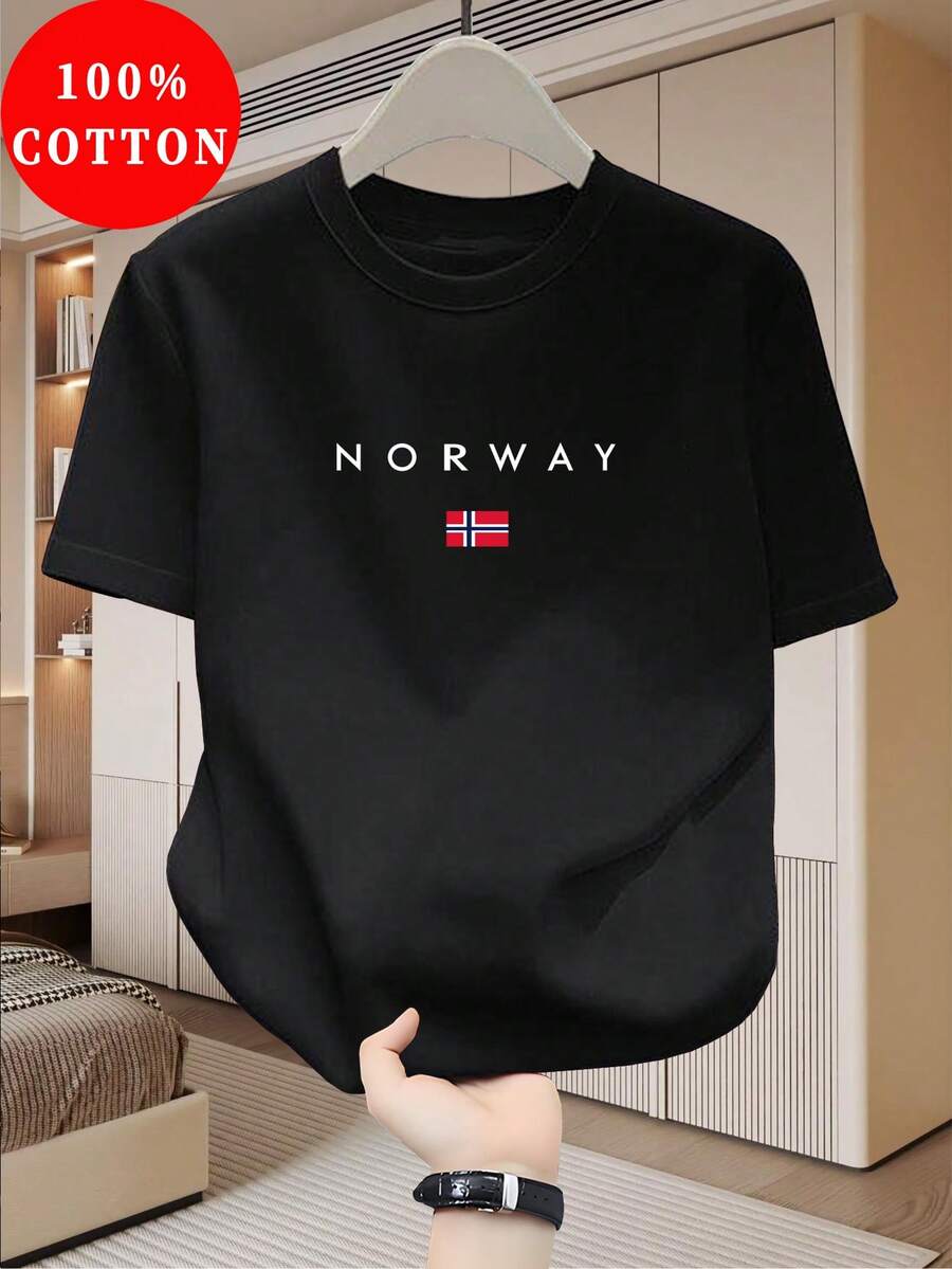 Men's 100% Cotton T-Shirt - Slim Fit Short Sleeve, Norway Flag And Map Design, Breathable T-Shirt For Casual Wear, Beach And Travel - Norway Themed Clothing - 黑色 - 查看 1