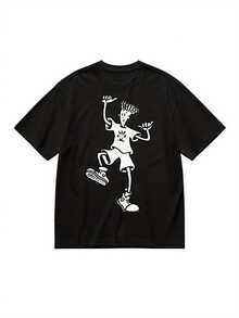 Men's Plus Size T-Shirt, Oversized Style, With Fido Dido Cartoon Print - Retro Black T-Shirt, Urban Style, Soft And Breathable, Loose Fit, Round Neck And Short Sleeve For Casual And Lounge Wear, Nostalgic Design, PLUS SIZE, Loose And Comfortable For Summer. - Black - View 7