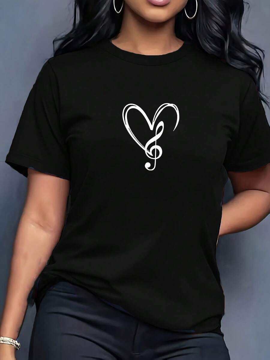 Women's Casual T-Shirt With Musical Note And Heart Print, Fabric, Round Neck T-Shirt, Medium Elasticity, Short Sleeve Jersey Top For Women, Suitable For All Seasons - 黑色 - 查看 1
