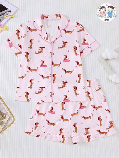 2pcs/Set Cute Dachshund Print Tween Girl Pajamas Set, Pink Collar Short Sleeve Top And Ruffle Hem Shorts, Lovely Dachshund Print Sleepwear, Girls Casual Homewear & Outerwear, Suitable For Children & Teens