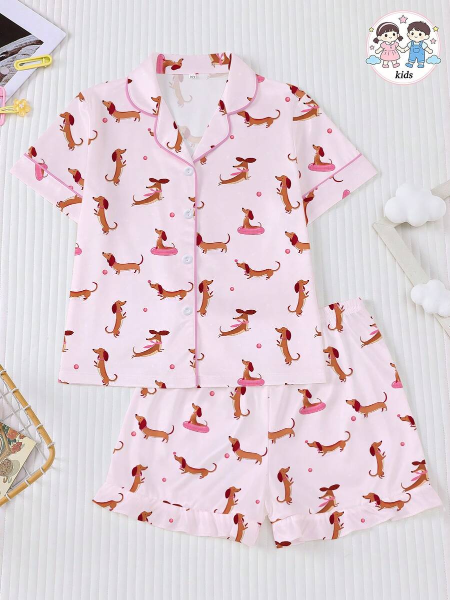 2pcs Tween Girl Dachshund Print Pajamas Set, Pink Collar Short Sleeve Top And Ruffle Hem Shorts - Baby Pink - View 1