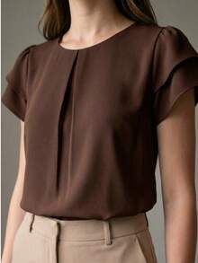 Elegant Women's Blouse With Short Sleeves, Formal - Rust Brown - View 2