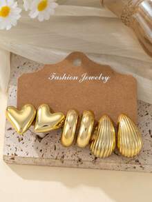 2-6-18pcs Gold Tone Fashion Earrings Set For Women. [Heart, Smooth C-Hoop, Vertical Striped Shell, 3D Pentagram, Braided Shell Triangle, Moon, Crescent Shell, Twist Design] Suitable For Shopping, Short Trips, Dates, Afternoon Tea, Beach Vacations, Long Journeys. Versatile Outfit Accessory. - Gold - View 2