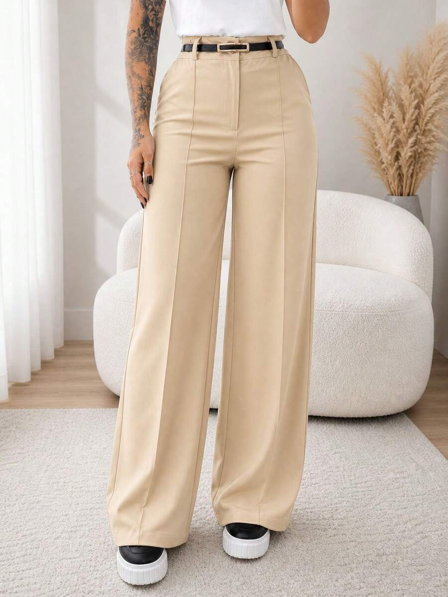Women's Tailored Wide Leg Pants With Belt - 奶油色 - 查看 1