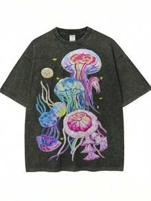 Unisex Washed T-Shirt With Medusa Revenge Print | High-Quality Batik, Retro Style, Casual, Round Neck, Flared Hem, Short Sleeves, Perfect For Spring/Summer/Autumn, Ideal Holiday Gift, Summer Outfits For Women, Blouses For Women. - 風格 - 查看 6