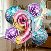 Set mit 8 Luftballons mit Farbverlauf-Zahlen, Meerjungfrauenschwänzen und Muschel-Designs. Perfekt für Geburtstagsfeiern, Themenpartys, Jahrestage, Familientreffen, Poolpartys, Strandpartys, Heimdekoration, Outdoor-Picknicks, Foto-Motive, - Übersicht 15