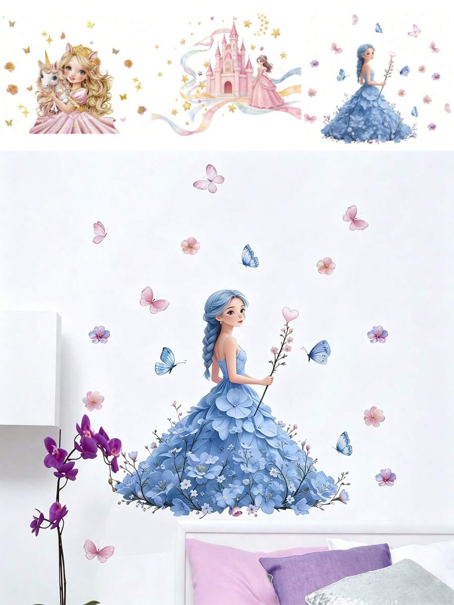 Calcomanías de Princesa de Cuento de Hadas en Tonos Pastel, Pegatinas de Mariposa Floral, Unicornio y Castillo, Accesorios de Decoración de Habitación para Paredes de Dormitorio de Niñas Pequeñas y Adolescentes - Multicolor - View 1
