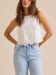Women Summer Tank Tops Casual Tie up Side Floral Embroidery Sleeveless Shirt Basic Vest for Streetwear - Blanco - Ver 4