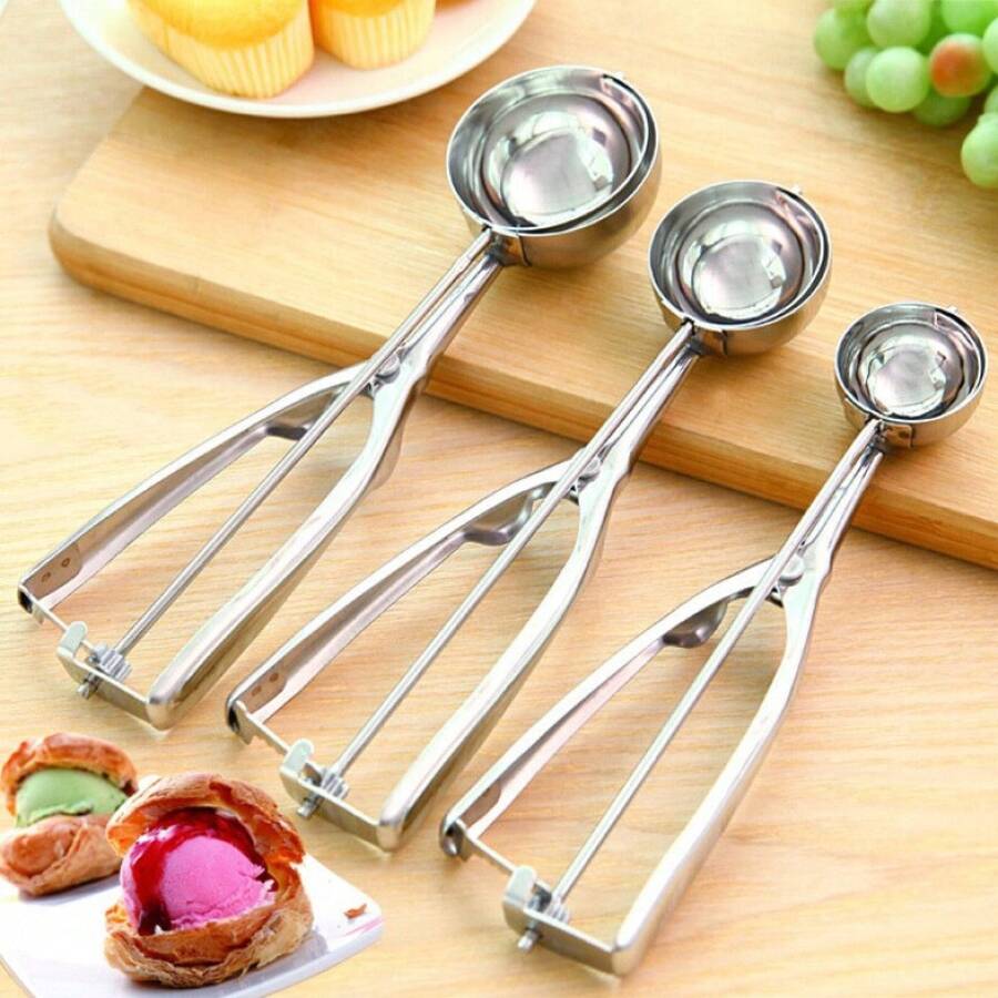 3pc, Unisex, Silver, Heavy Duty Commercial Grade Medium Scoop / Professional Ice Cream & Cookie Dough Scoop, High-Quality 304 Stainless Steel Material, Medium Size Capacity (Approx. 1. 5-2 Inch / 4-5 Cm Diameter, 1. 5-2 Oz / 45-60ml), Easy-Release Spring-Loaded Trigger & Sweep Blade, Polished Round Bowl For Smooth Food Release, Non-Stick & Easy To Clean (Dishwasher ), Ergonomic Non-Slip Handle, Durable & Rust-Proof, Professional & Heavy-Duty Kitchen Tool Style, Stainless Steel Food Scoop / Portion Scoop, For Ice Cream, Cookie Dough, Fruit Balls, Mashed Potatoes, Melon Balls, Muffin Batter, Rice, Home & Restaurant Kitchen, Commercial Use, As Gift For Bakers, Chefs, Home Cooks, Ice Cream Lovers, Meal Preppers - 1.96" - View 1